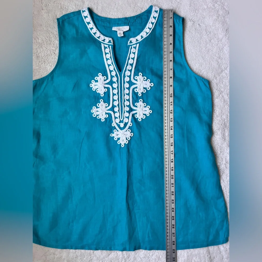 Charter Club Luxury Linen Embroidered Teal Sleeveless Top Women Size Large - Picture 6 of 8